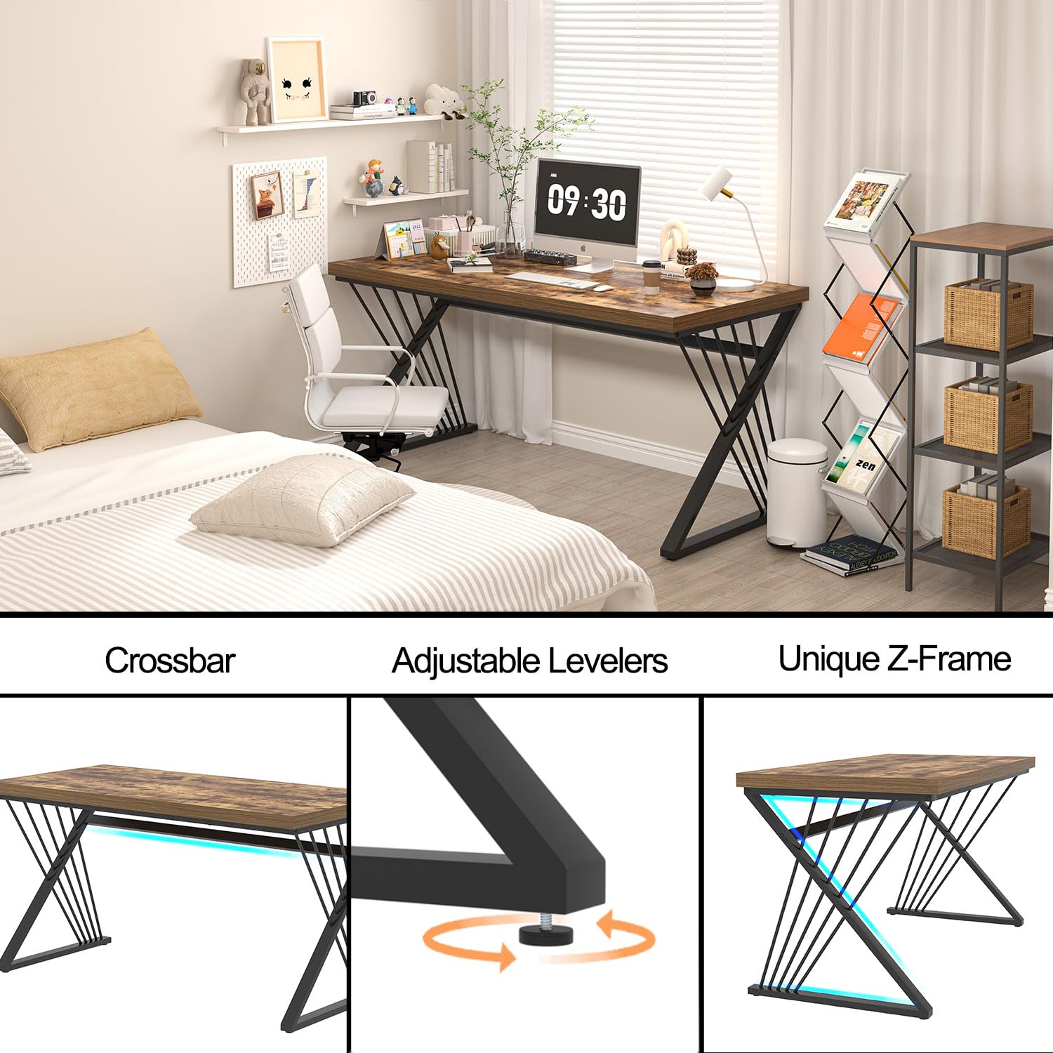 Home Office Desk, Modern Wood and Metal Computer Desk, Simple Writing Work PC Desks for Bedroom, Industrial Study Gaming Table for Living Room, Rustic Brown, 53 Inch