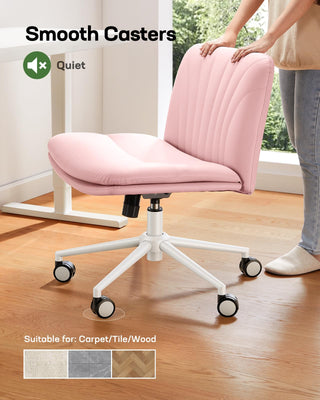 Armless-Office Desk Chair with Wheels: PU Leather Cross Legged Wide Chair,Comfortable Adjustable Swivel Computer Task Chairs for Home,Office,Make Up,Small Space,Bed Room, Pink