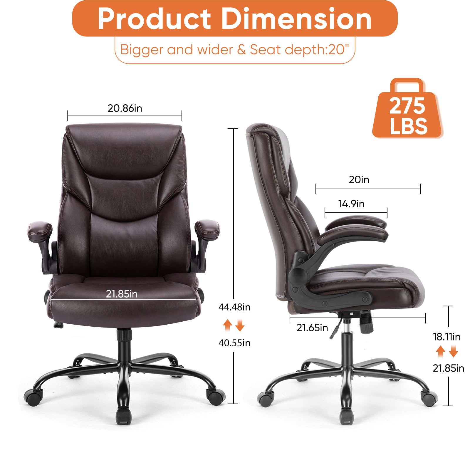 Set of 2, Ergonomic Computer Gaming Office Chair , Heavy Duty Task Desk Swivel Rolling Chairs with Wheels, Flip-up Arms, Adjustable Height, PU Leather,Dark Brown