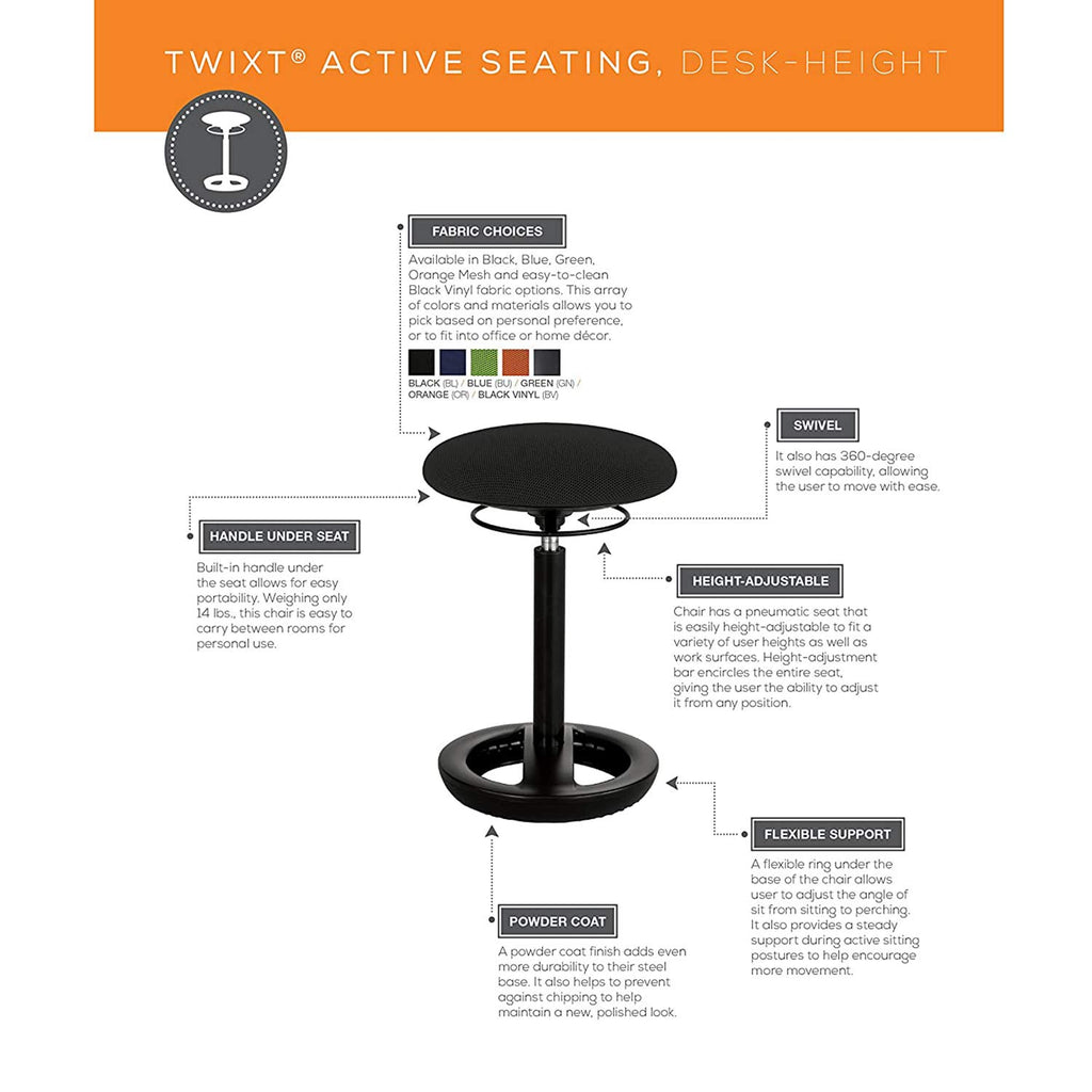 Twixt Active Movement Seating Chair, Ergonomic Support, Adjustable Height, Blue Mesh