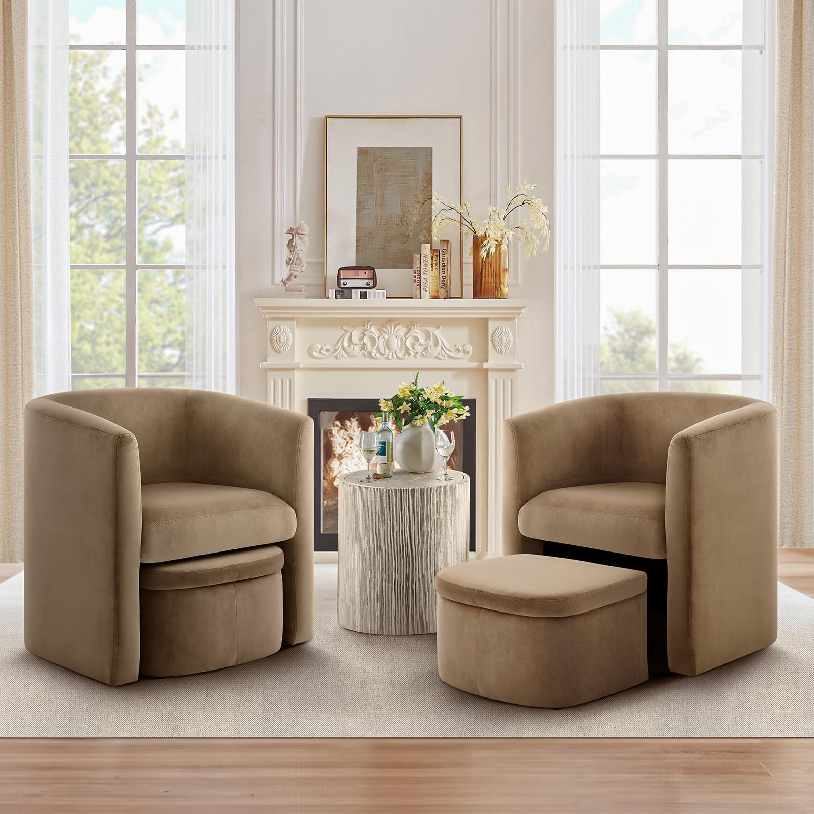 Morden Velvet Barrel Accent Chair with Storage Ottoman Set of 2, Upholstered Living Room Side Chair, Single Sofa Armchair with Lounge Seat for Bedroom/Office/Reading Spaces, Khaki