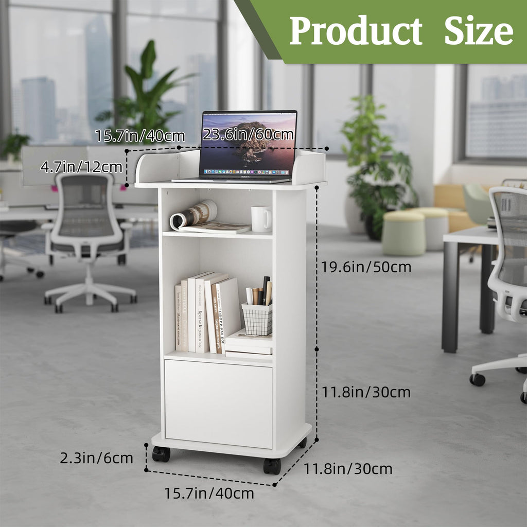 Podium Stand with Wheels Wooden Lectern Podium Stand Portable Pulpit Standing with Storage Mobile Reception Podiums Desk for Church Office School Conference Restaurant Meeting, White