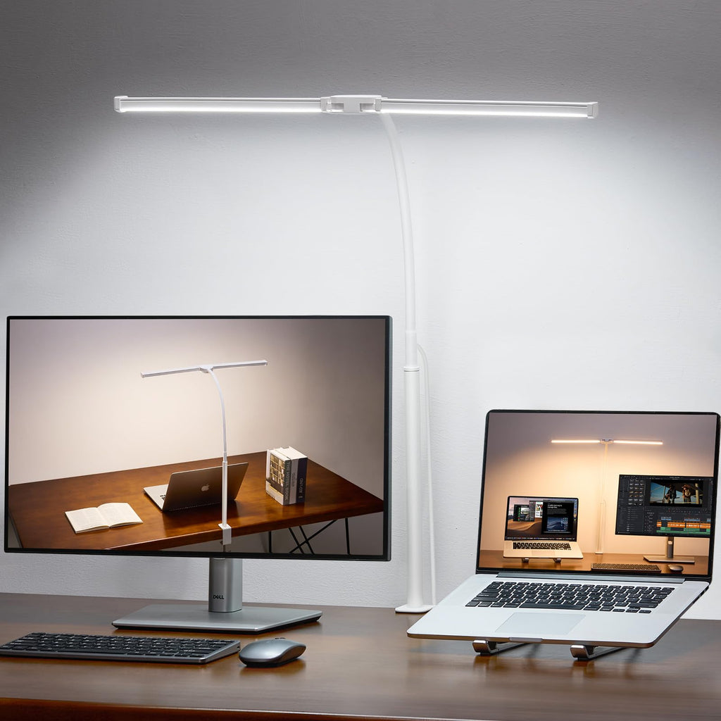 LED Desk Lamp for Home Office, Double Head Architect Light with Clamp, Computer Monitor Clip on Light, 3 Modes and 10 Brightness, Adjustable Flexible Goose-Neck, Table Task Lamp, White