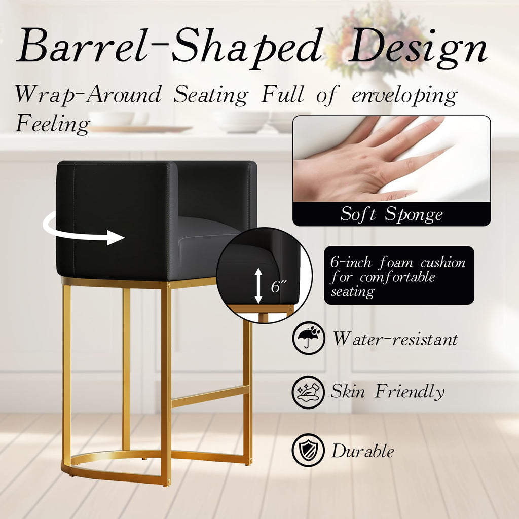 Modern Counter Height Bar Stools,Bar Stools Set of 2,PU Leather Upholstered Barrel Barstools with Backs,24'' Kitchen Island Chairs,Metal Gold Frames,Ink Black Leather