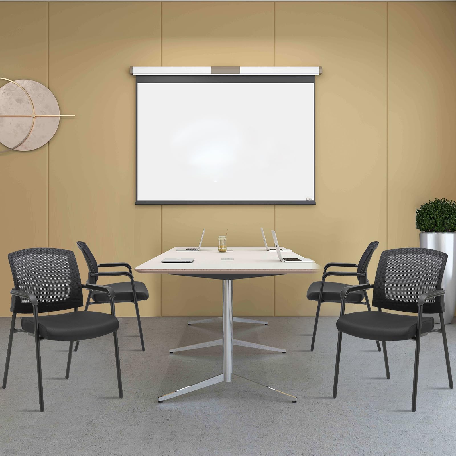 Black Stacking Chairs Stackable Waiting Room Chairs with Armrest, Mesh Office Reception Guest Chair for Home Desk Conference Lobby Church Medical Meeting Training Ergonomic, Set of 8