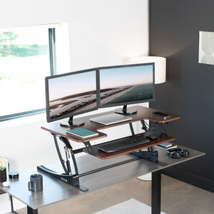 42 inch Height Adjustable Stand Up Desk Converter, V Series, Quick Sit to Stand Tabletop Dual Monitor Riser Workstation, Dark Walnut Top, Black Frame, DESK-V000VLD
