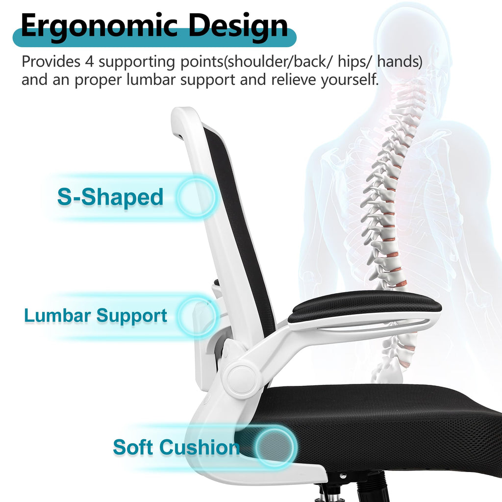 Office Chair, Ergonomic Desk Chair Breathable Mesh Chairs Adjustable High Back Lumbar Support Flip-up Armrests, Executive Rolling Swivel Comfy Computer Chairs Home Office White
