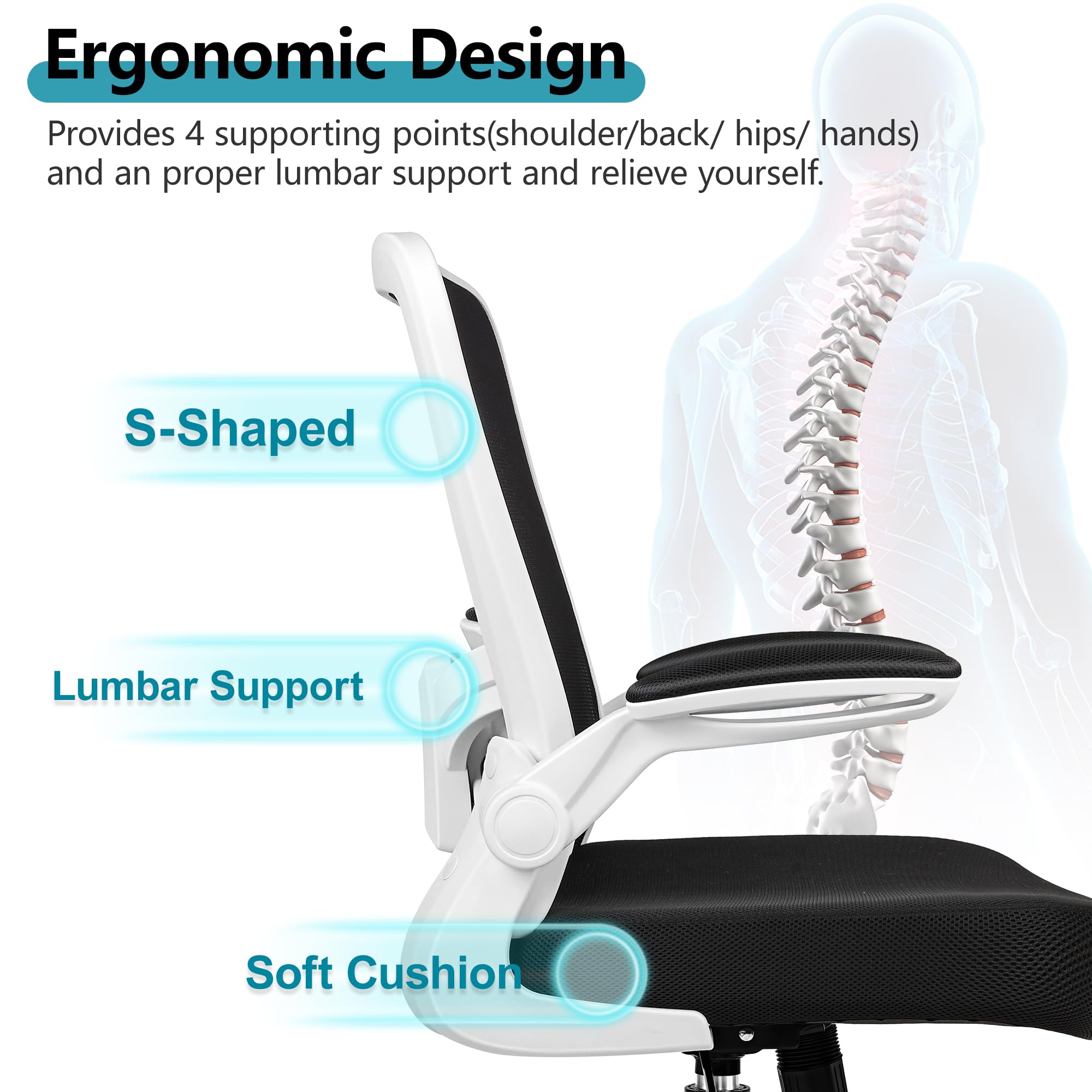 Office Chair, Ergonomic Desk Chair Breathable Mesh Chairs Adjustable High Back Lumbar Support Flip-up Armrests, Executive Rolling Swivel Comfy Computer Chairs Home Office White