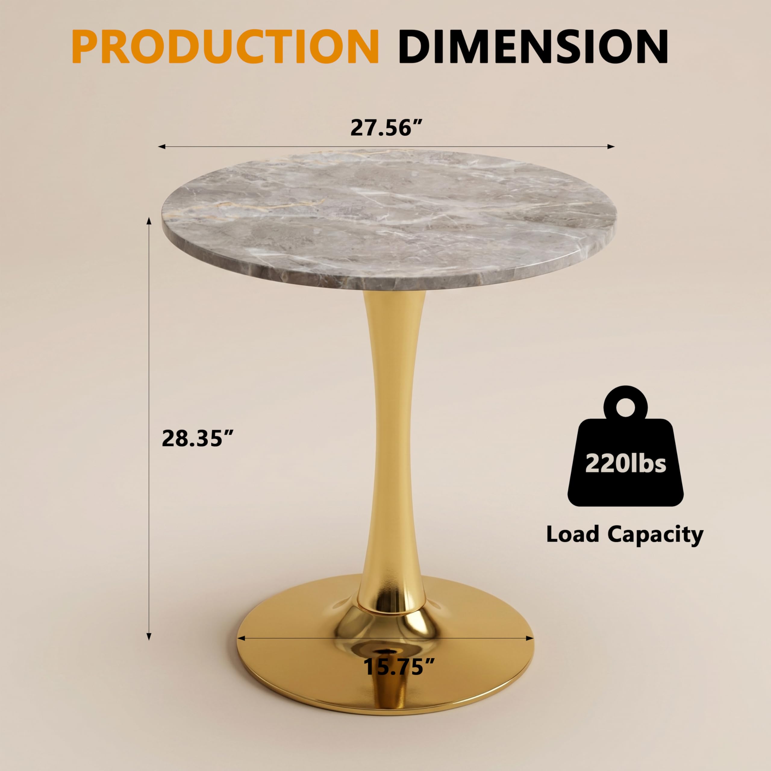 27.6" Marble Round Tulip Table, Mid-Century Modern Style Dining Table with Gold Pedestal Base for 2-4 People, Featuring A Marble Tabletop for Kitchen, Dining Room, Cafe (Dark Grey)