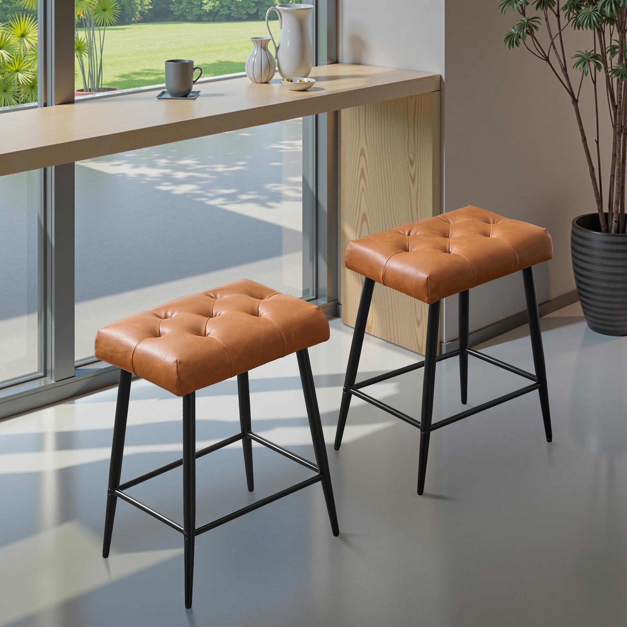 Counter Height Bar Stools Set of 2, 24 Inch Bar Stools for Kitchen Island, Farmhouse Bar Stool for Counter, Modern Kitchen Stools with Sturdy Metal Base and Thickened Cushion, Brown