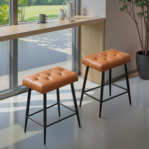 Counter Height Bar Stools Set of 2, 24 Inch Bar Stools for Kitchen Island, Farmhouse Bar Stool for Counter, Modern Kitchen Stools with Sturdy Metal Base and Thickened Cushion, Brown