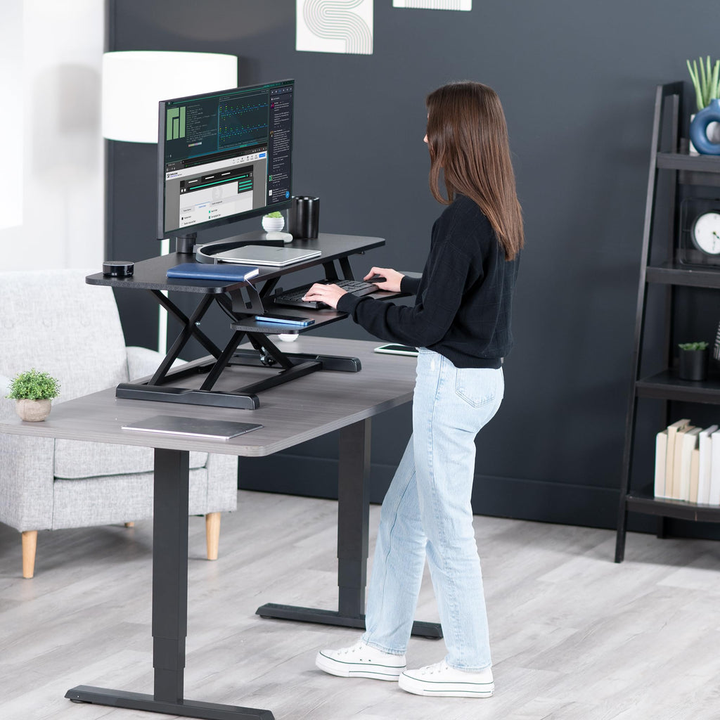 48 inch Desk Converter, K Series, Height Adjustable Sit to Stand Riser, Dual Monitor and Laptop Workstation with Wide Keyboard Tray, Black, DESK-V048KB