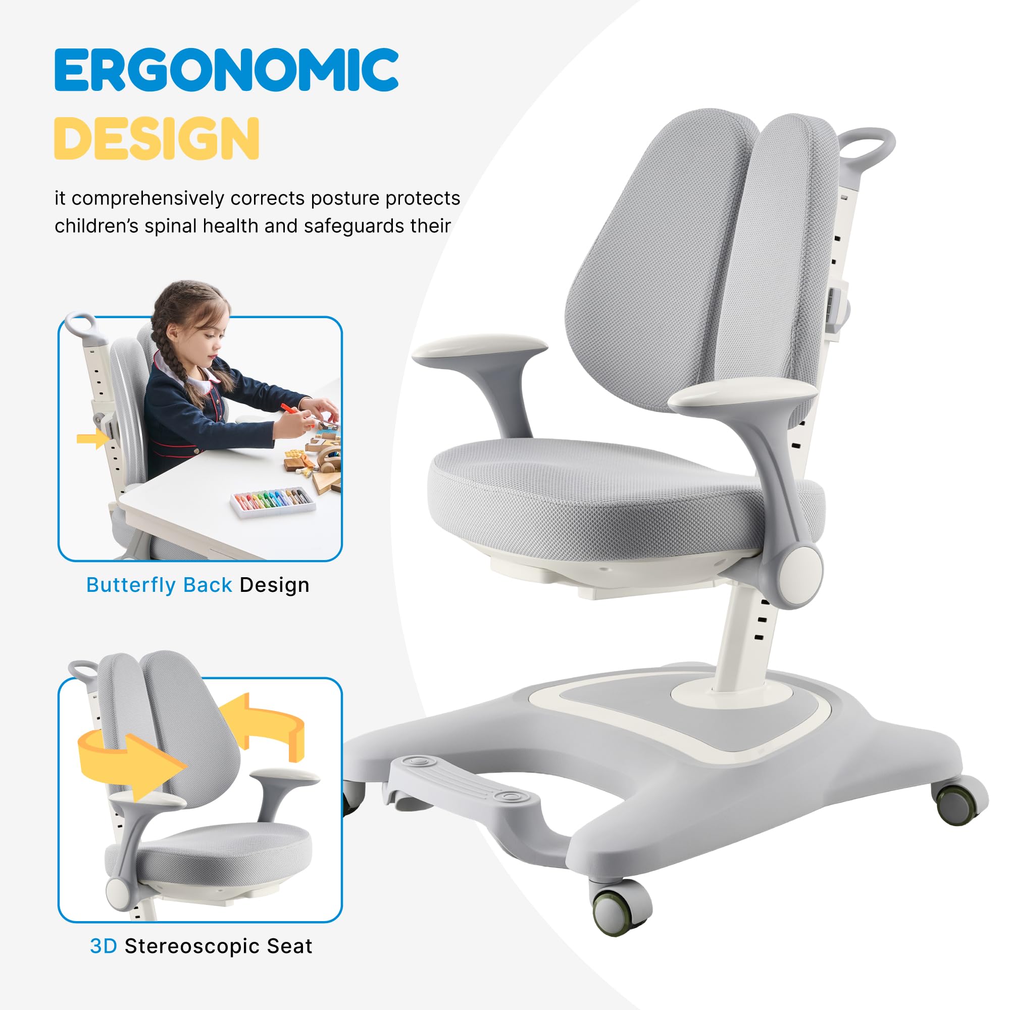 Kids Desk Chair,Ergonomic Chair: Height-Adjustable, Double Back Support – Multifunctional for Study/Work/Dining | Ideal for Kids, Petite Adults – Ultra-Comfy (Bedrooms, Schools, Offices)(Grey)