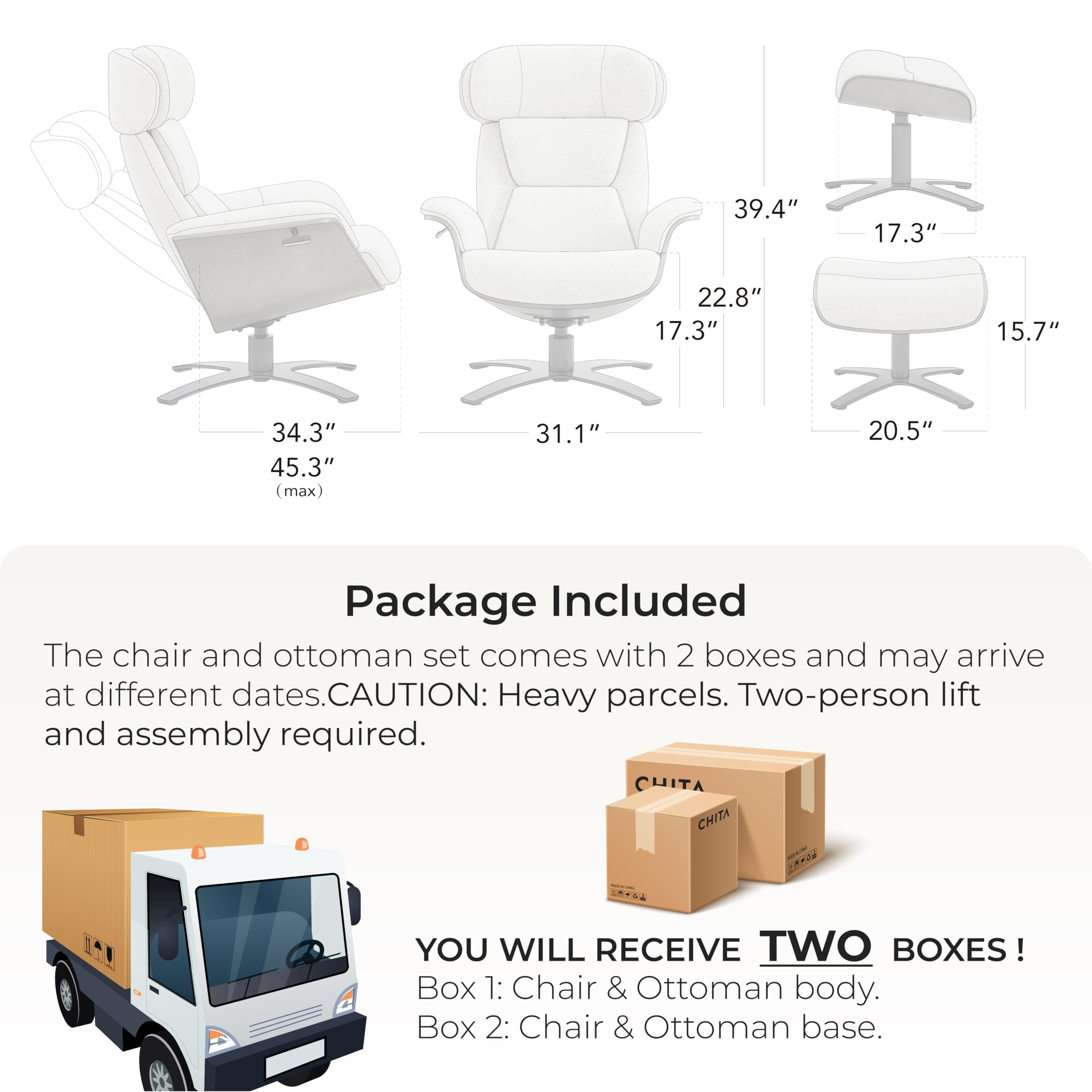 Genuine Leather Reclining Swivel Chair with Adjustable Headrest and Ottoman for Living Room, White