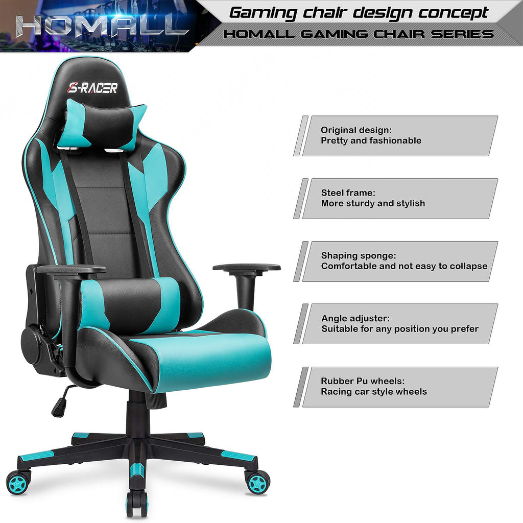 Gaming Chair, Office Chair High Back Computer Chair Leather Desk Chair Racing Executive Ergonomic Adjustable Swivel Task Chair with Headrest and Lumbar Support(Cyan)