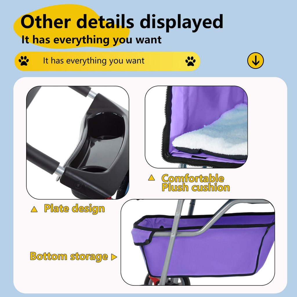 Pet Stroller 4-Wheel Dog Cat Stroller Travel Folding Carrier Puppy Stroller with Cup Holder and Removable Liner for Small Medium Dogs Cats, Purple