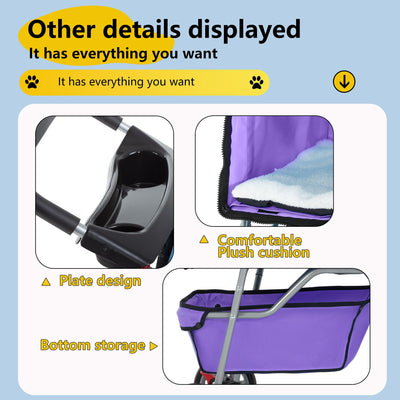 Pet Stroller 4-Wheel Dog Cat Stroller Travel Folding Carrier Puppy Stroller with Cup Holder and Removable Liner for Small Medium Dogs Cats, Purple