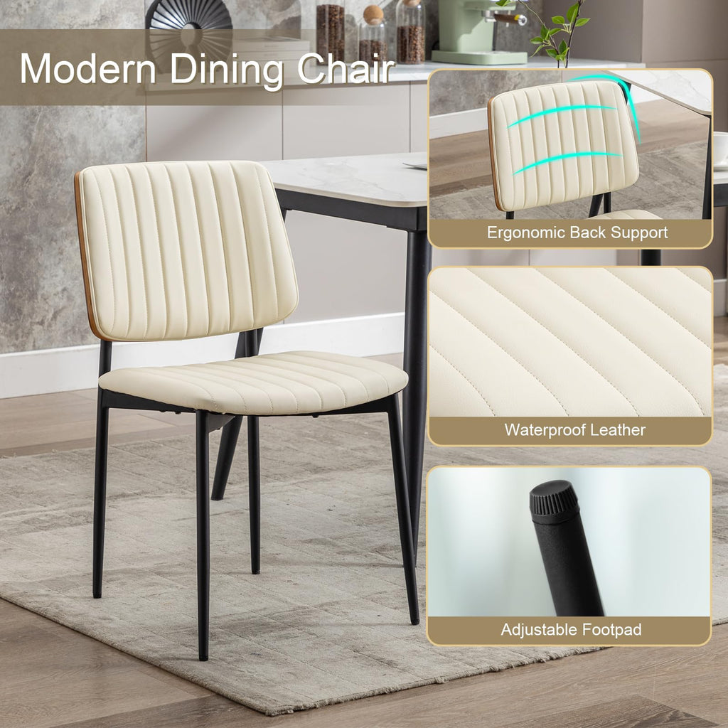 Leather Dining Chairs Set of 2, Mid Century Modern Dining Chairs with Bentwood Backrest and Upholster Seat,Armless Kitchen Chairs with Metal Legs Adjustable Foot for Dining Room(Beige)