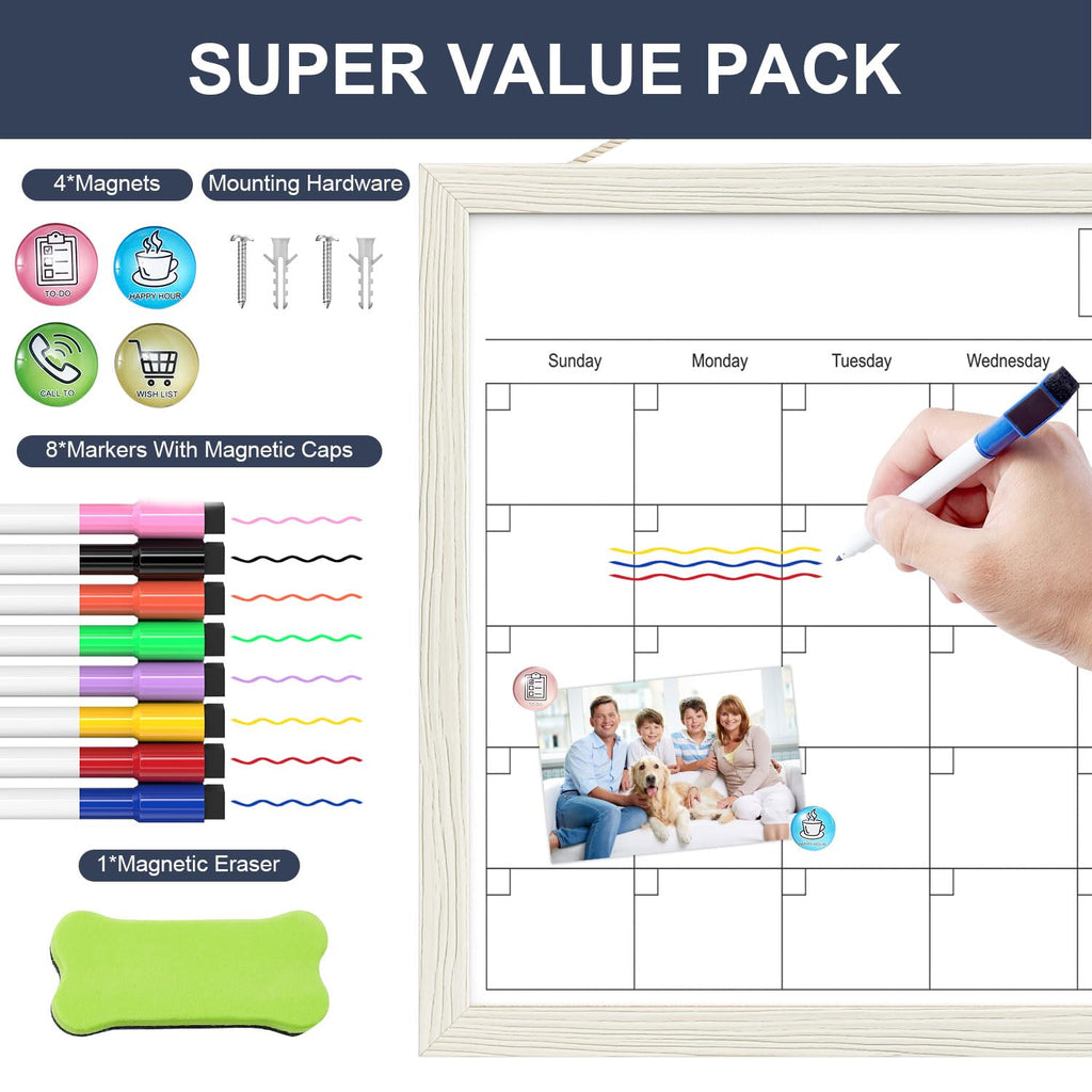 Calendar Whiteboard for Wall, 17x13 Inches Dry Erase Calendar for Wall, Small Magnetic Monthly White Board with Wood Framed, Hanging Dry Erase Board for Kitchen Home Office School Planner