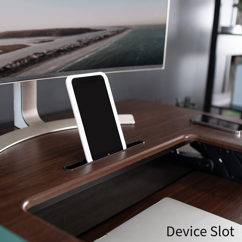 42 inch Height Adjustable Stand Up Desk Converter, V Series, Quick Sit to Stand Tabletop Dual Monitor Riser Workstation, Dark Walnut Top, Black Frame, DESK-V000VLD