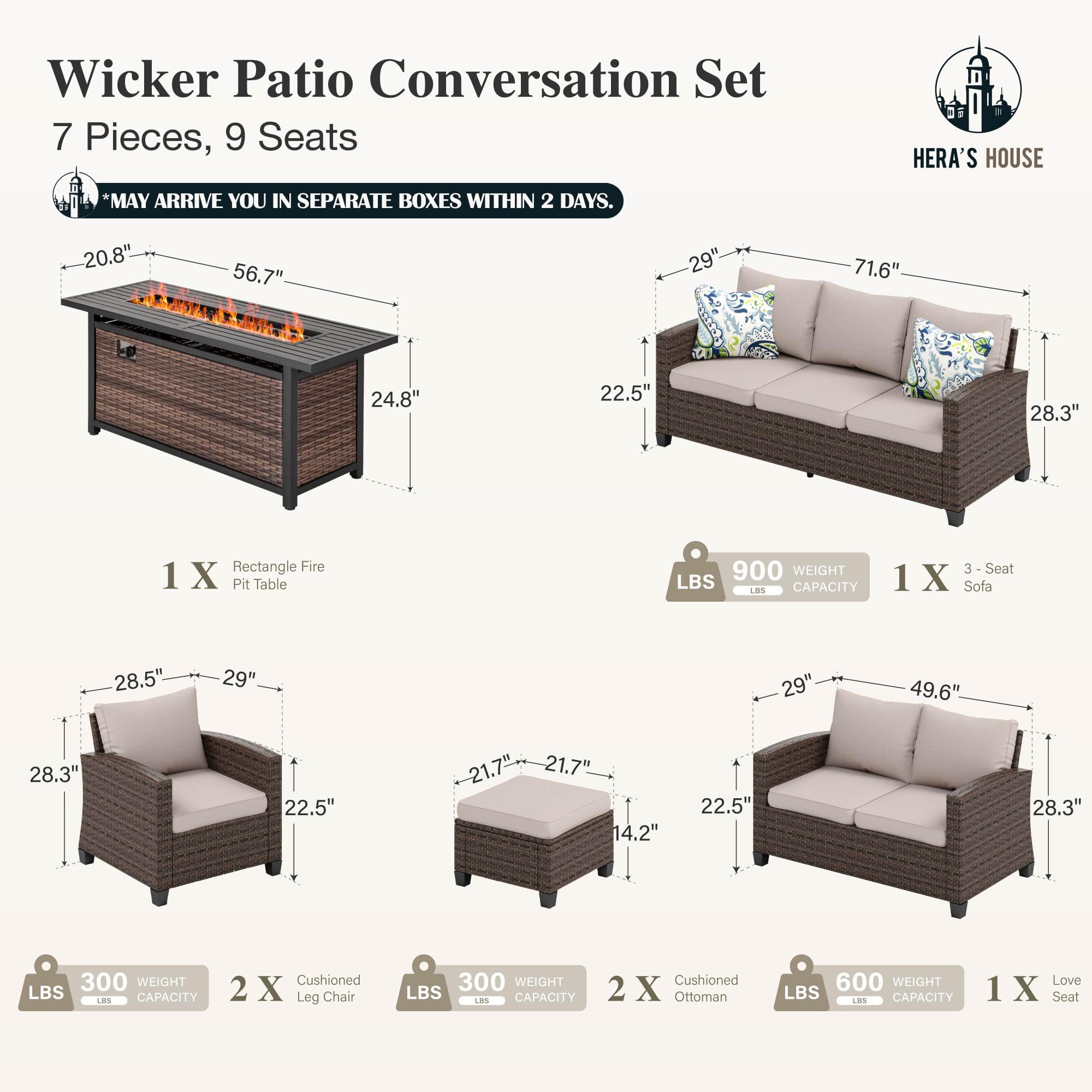 Wicker Patio Furniture Set with Fire Pit Table, Outdoor Rattan Conversation Sofa Sets for Lawn Yard