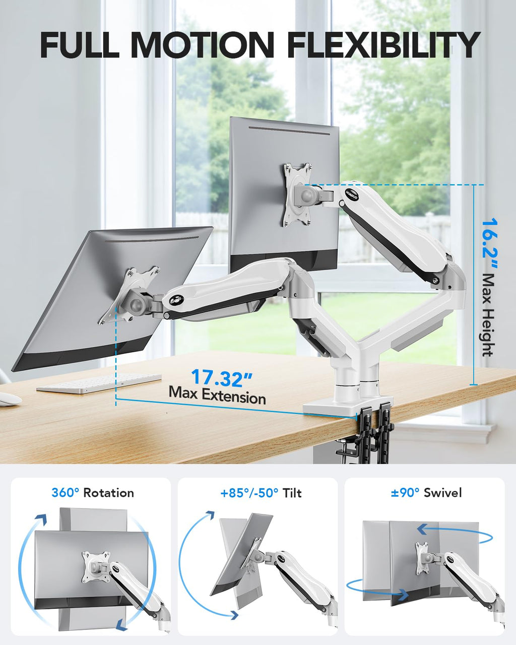 Dual Monitor Stand - Full Adjustable Monitor Desk Mount Swivel Vesa Bracket with C Clamp, Grommet Mounting Base for 13 to 32 Inch Computer Screens - Each Arm Holds 4.4 to 19.8lbs - White