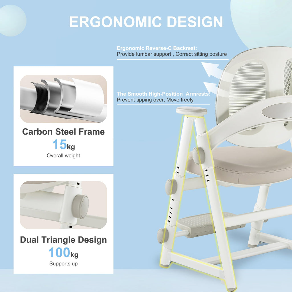 Ergonomic Kids' Study Chair, Height Adjustable Kids Desk Chair for Boys Girls,Comfortable for Teenagers Playing, Drawing, Ideal Gift for Children,Students（Grey）