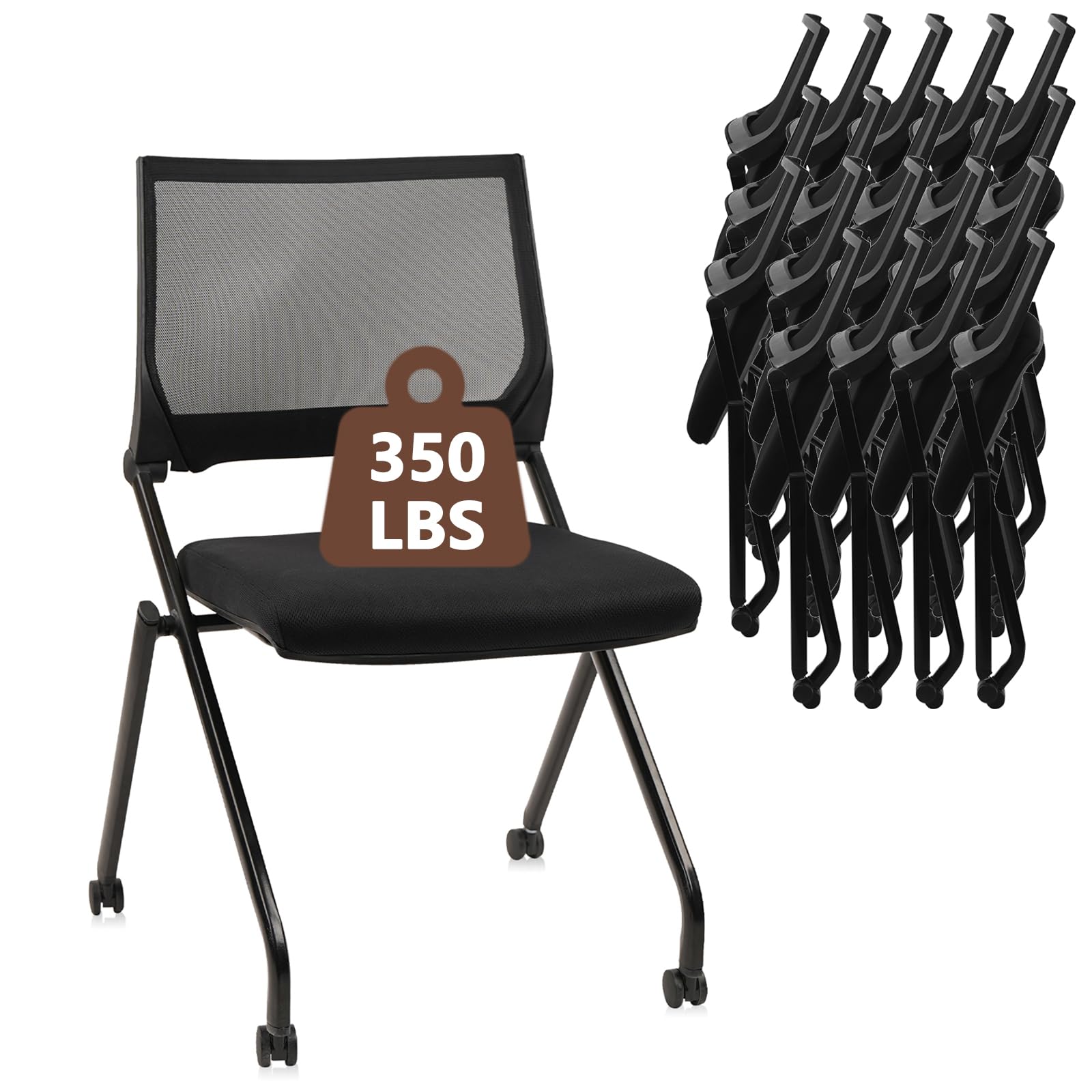 20PACK, Stackable & Foldable Chairs with Wheels, Reception Guest Chairs with Lumbar Support, Ergonomic Mesh Back Folding Chair for Office Schools Training Conference Waiting Room, Black