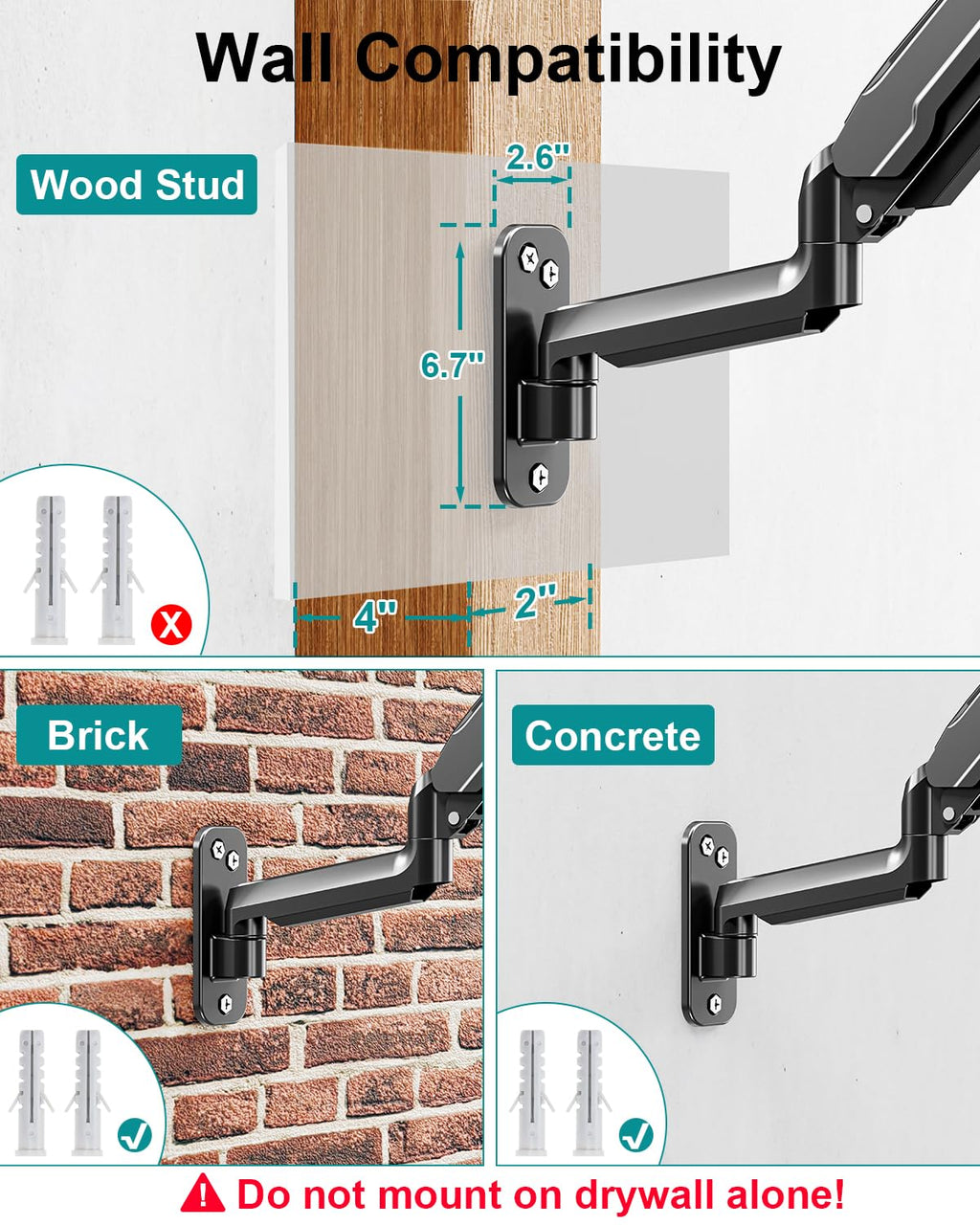 Single Monitor Wall Mount for 13 to 32 Inch Computer Screens, Height Adjustable Wall Mount Monitor Arm Holds Up to 19.8lbs, Full Motion Wall Bracket, VESA Mount 75x75, 100x100, Black