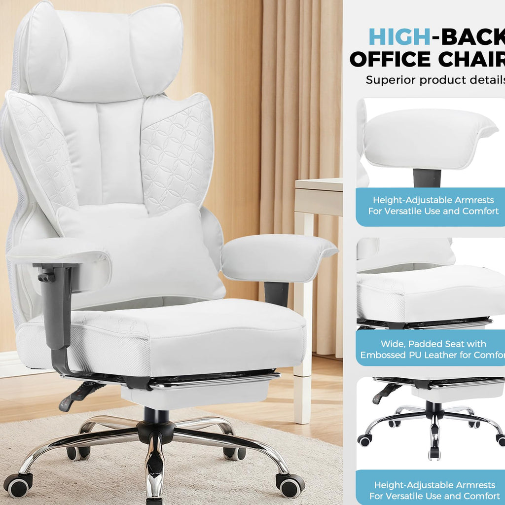 Desk Office Chair Big and Tall Office Chairs Ergonomic Gaming Chairs with Wide Seat Leather High Back Chair with Foot Rest Adjustable Armrests Pocket Spring Lumbar Support