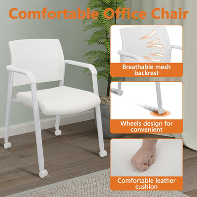 Set of 2, White, Stacking Office Chairs | Mesh Back, Thicken Leather Seat and Arms, Ergonomic Lumber Support | Guest Reception, Waiting, Conference, School, Party, Customer, Side, Stationary |