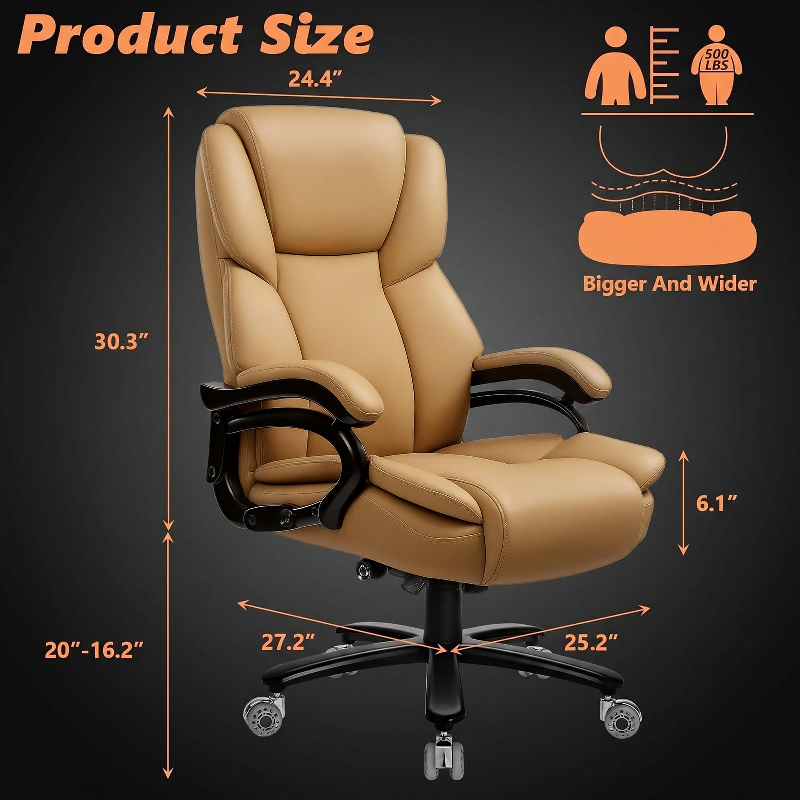 500lbs Big and Tall Office Chair for Heavy People,Heavy Duty Comfy Office Chair,High Back Executive Computer Chair with Lumbar Support, Rubber Wheel