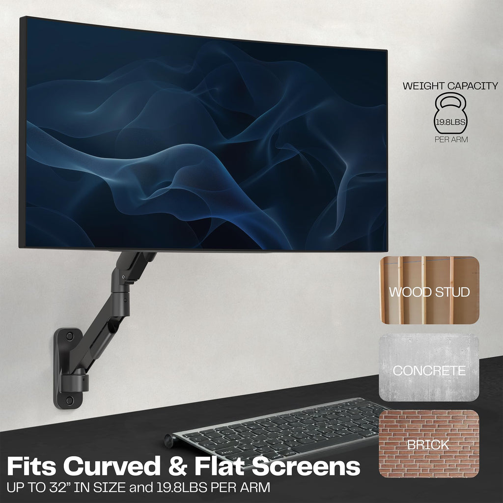 Single Monitor Counterbalance Wall Mount for 32 inch Screens up to 19.8 lbs, Full Motion, Max VESA 100x100, Black, MOUNT-V001G