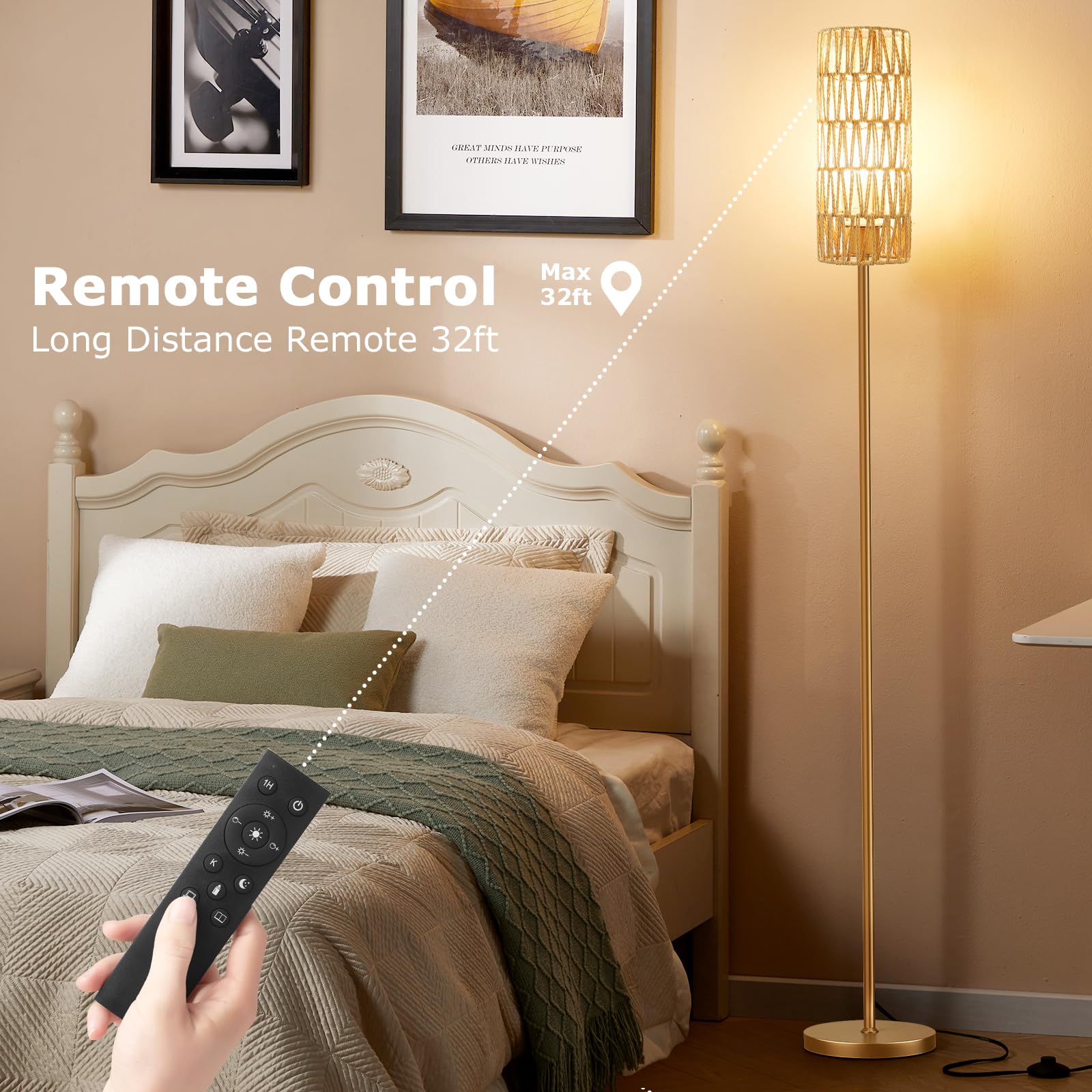 64'' Floor Lamps for Living Room with Remote Control and Stepless Dimmable Colors Temperature & Brightness, Boho Gold Standing Lamp with Beige Rattan Shade