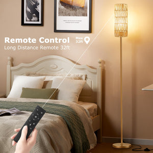 64'' Floor Lamps for Living Room with Remote Control and Stepless Dimmable Colors Temperature & Brightness, Boho Gold Standing Lamp with Beige Rattan Shade