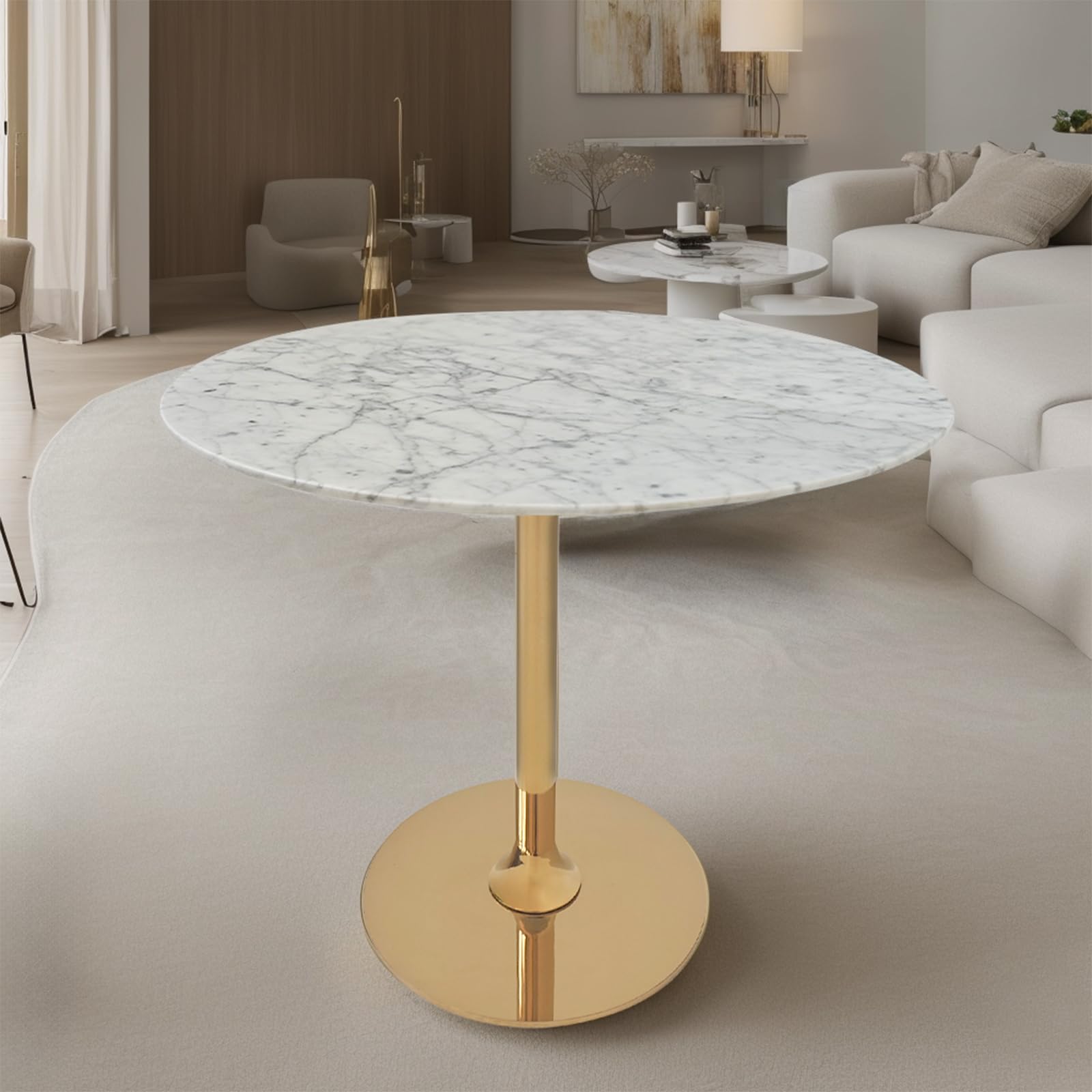 Round Marble Coffee Table with Sleek Metal Frame, Modern Nordic Side Table with, Elegant Nightstand for Living Room, Bedroom, Entryway, and Office - Durable, Easy to Clean