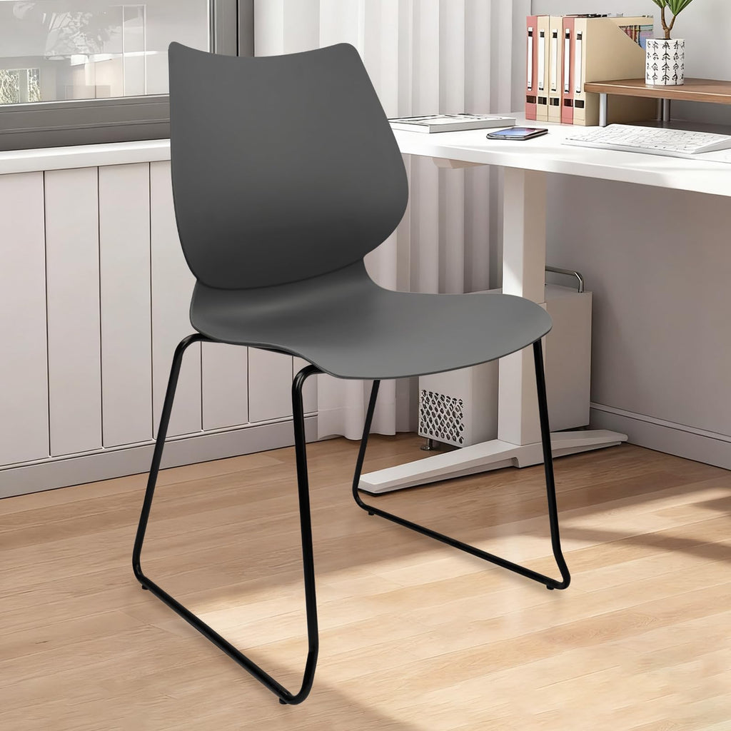 Set of 8, Grey, Stacking Waiting Room Chairs, Stacked Plastic Office Chair with Ergonomic Lumbar Support and Metal Legs for Conference School Church Guest Reception