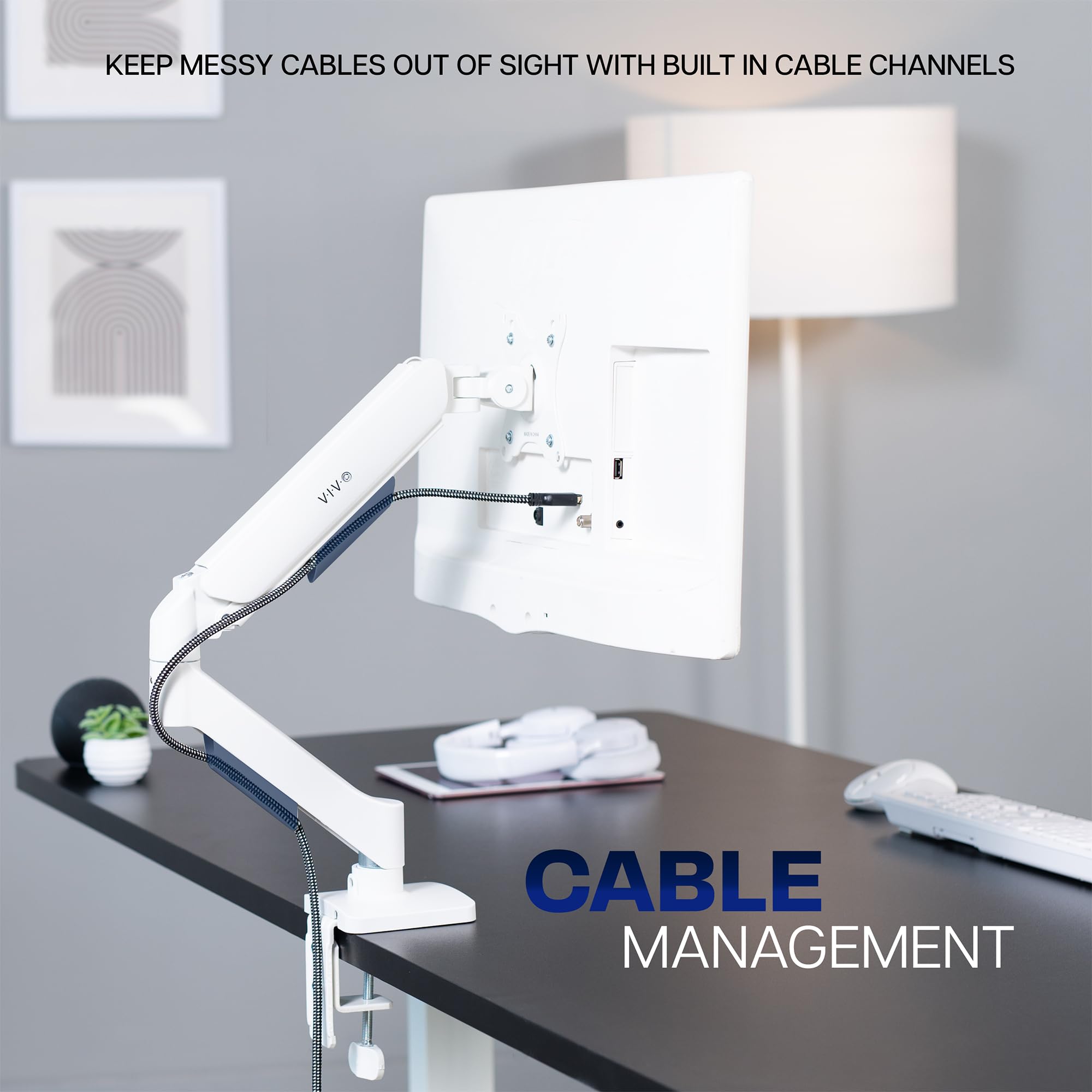 Single 17 to 32 inch Monitor Height Adjustable Counterbalance Mechanical Arm Desk Stand, Classic, Universal VESA Mount, White, STAND-V001OW