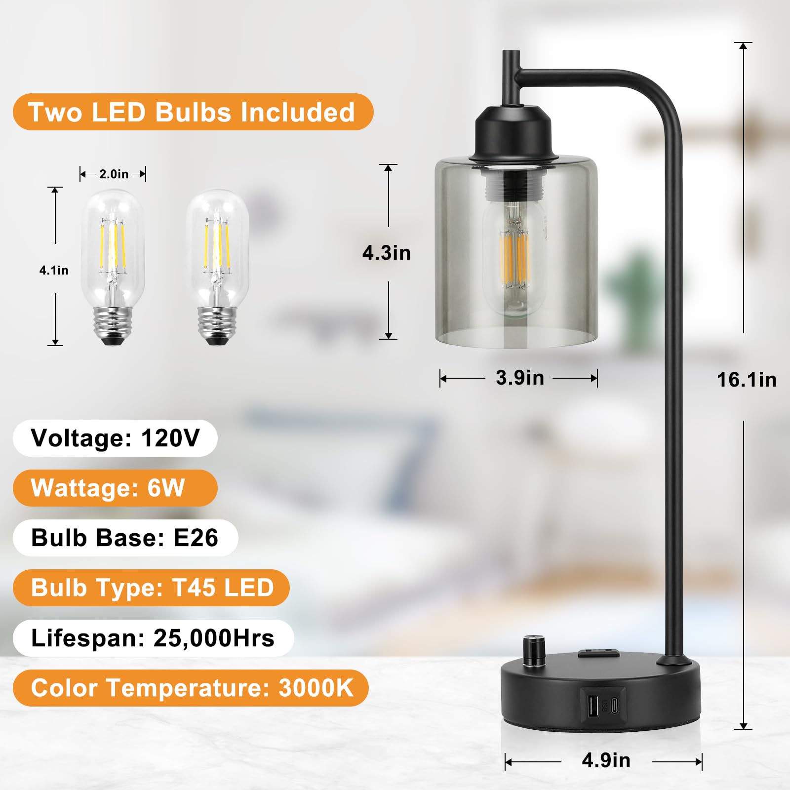 Industrial Desk Lamps for Office Set of 2 - Fully Dimmable Bedside Lamps with USB A C Ports and Outlet, Black Nightstand Lamps with Grey Glass Shade for Living Room, Table Lamps for Bedrooms Reading