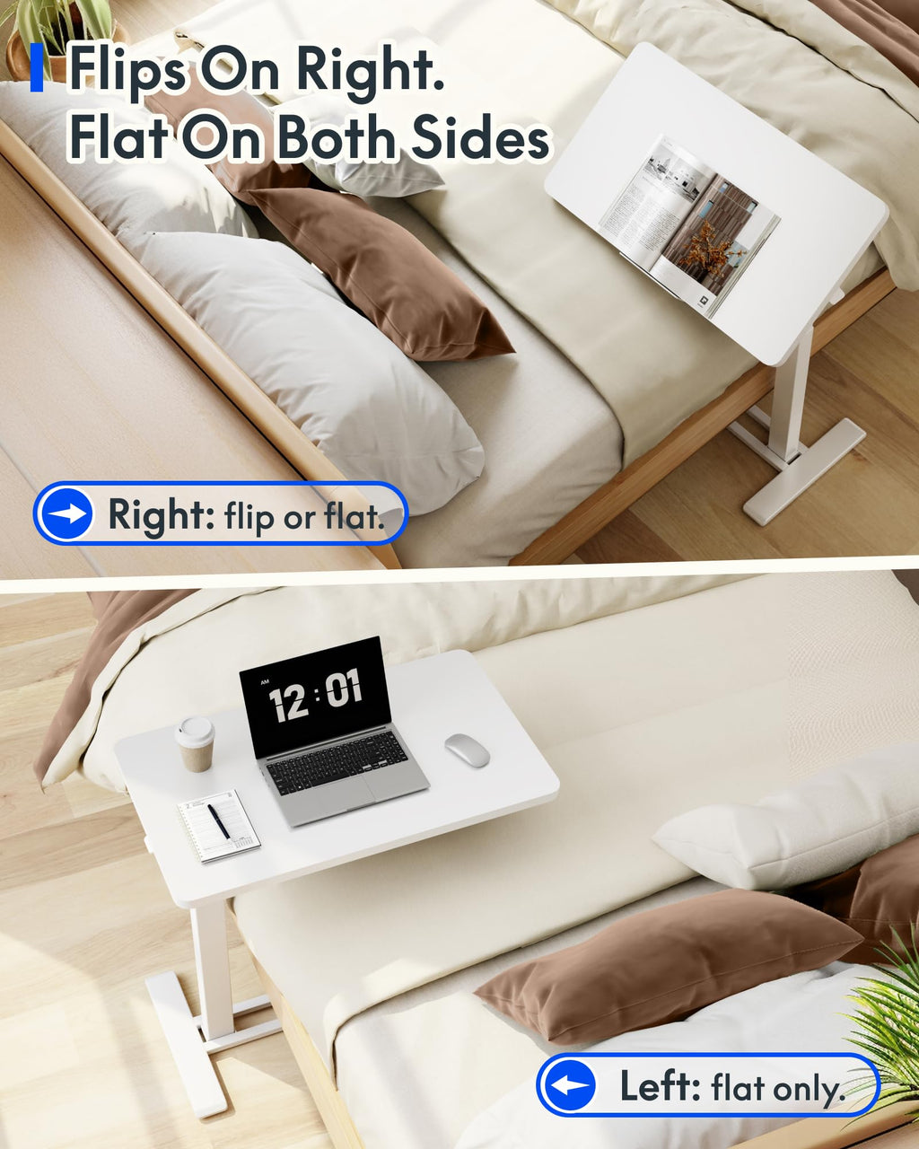 H7 PRO Mobile Standing Desk Adjustable Overbed Table Pneumatic with Wheels 90°Tiltable Portable Laptop Desk Rolling Computer Cart Foldable Bedside Table(31.5" W x 17.7" D, White)