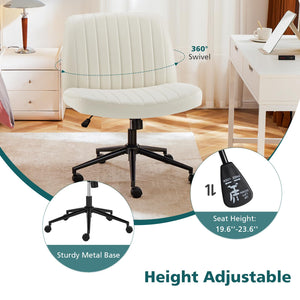 Criss Cross Chair with Wheels Wide Cross Legged Office Desk Vanity Chair Comfy Fabric Armless Adjustable Swivel for Home Computer Task PU Beige