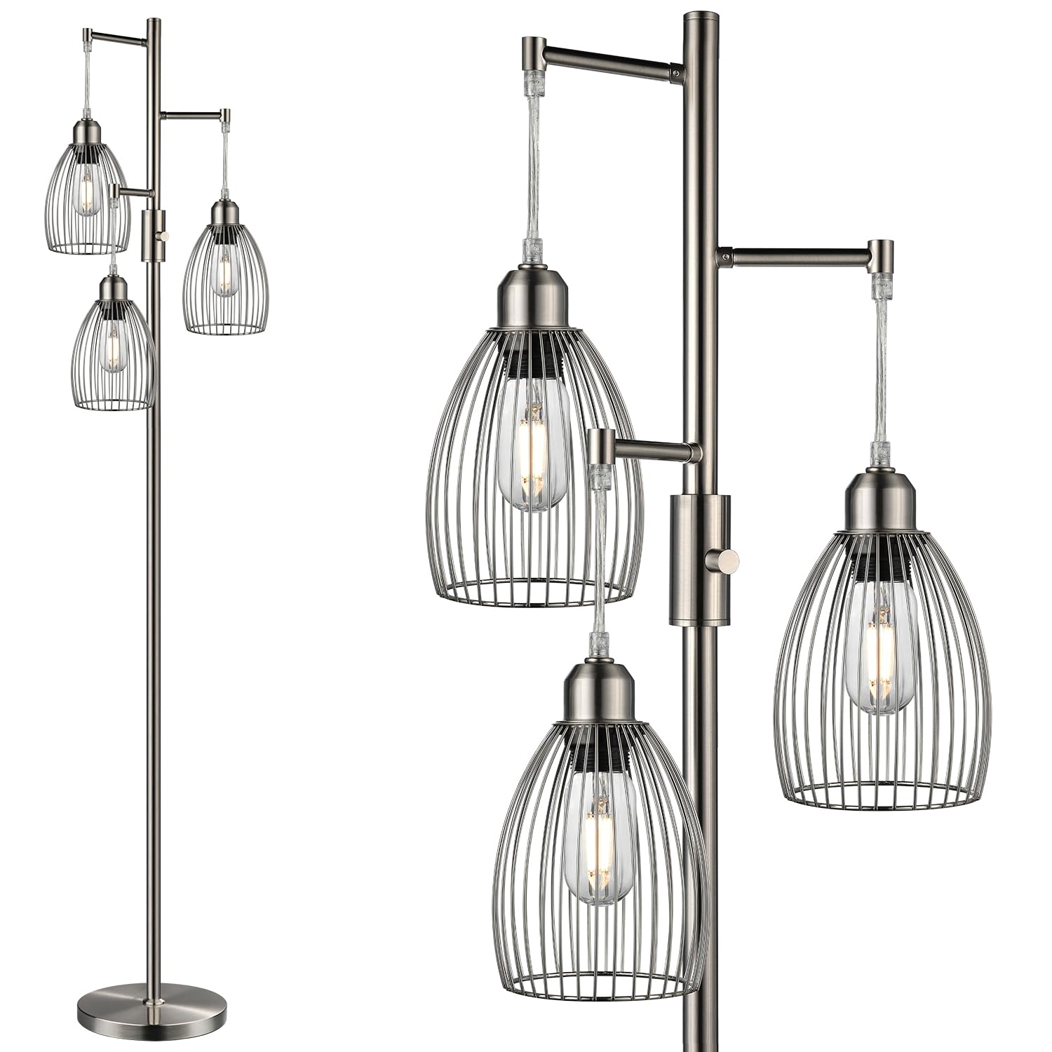 Dimmable Floor Lamp, 3 x 800LM LED Edison Bulbs Included, Industrial Floor Lamp Standing Tree Lamp with Elegant Teardrop Cage Heads Tall Lamps for Living Room Bedroom-Brushed Nickel