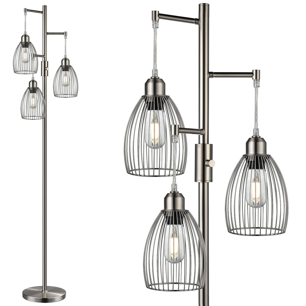 Dimmable Floor Lamp, 3 x 800LM LED Edison Bulbs Included, Industrial Floor Lamp Standing Tree Lamp with Elegant Teardrop Cage Heads Tall Lamps for Living Room Bedroom-Brushed Nickel