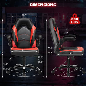 Computer Gaming Chair - PU Leather Ergonomic Lumbar Support with Flip-up Armrest and 360° Swivel Wheels, Height Adjustable Task Home Office Desk Video Racing, Red