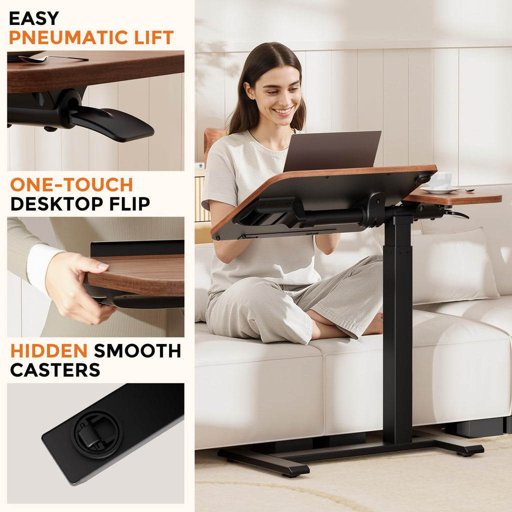 Tiltable Mobile Small Standing Desk, Pneumatic Adjustable Height Overbed Bedside Table with Wheels, Sit Stand Portable Rolling Laptop Desk Computer Workstations, Walnut