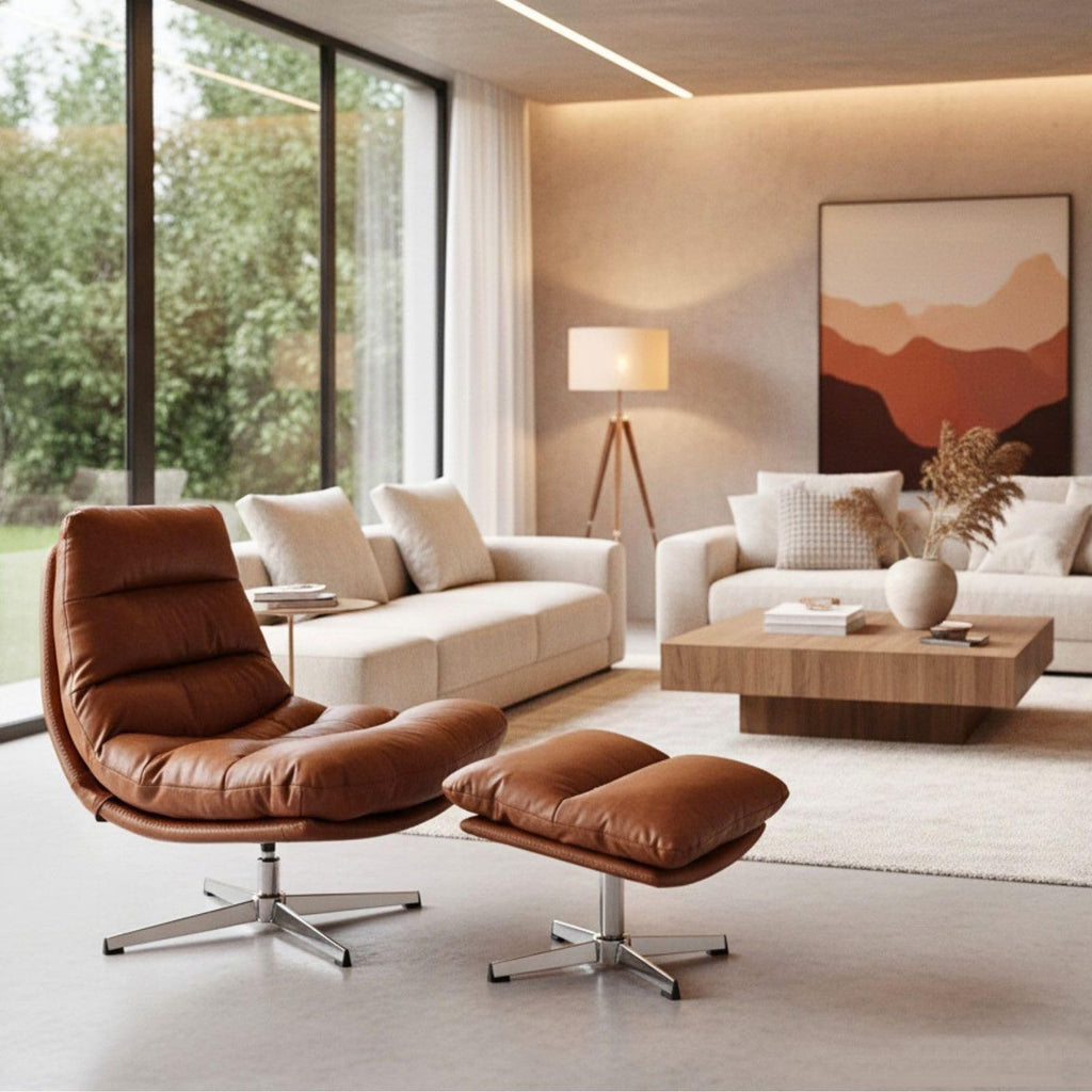 Modern Swivel Accent Chair with Ottoman Set, PU Leather Oversized Armless Reading Chair with Footrest, 33'' Wide Upholstered Lounge Chairs with Footstool for Living Room Bedroom Comfy, Brown