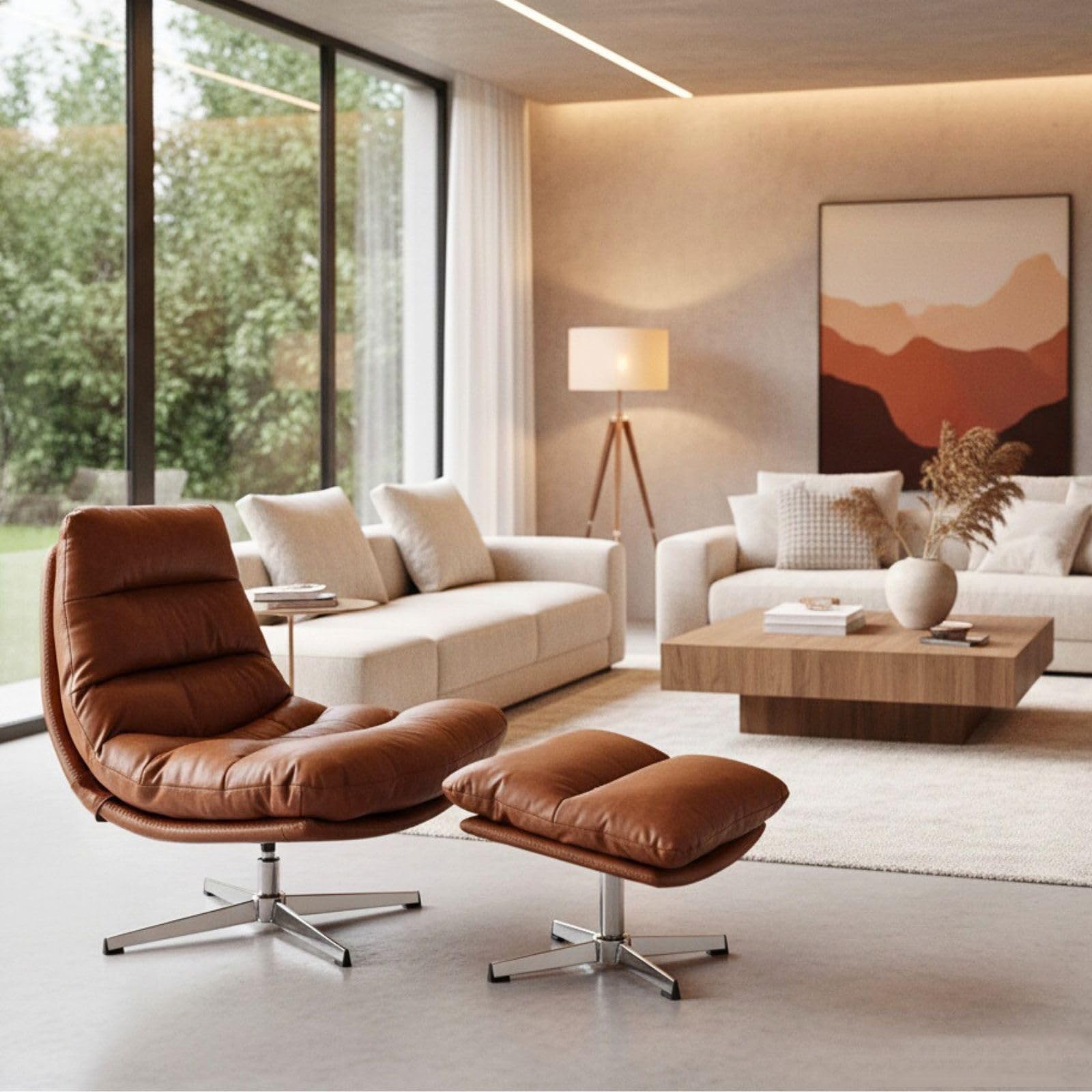 Modern Swivel Accent Chair with Ottoman Set, PU Leather Oversized Armless Reading Chair with Footrest, 33'' Wide Upholstered Lounge Chairs with Footstool for Living Room Bedroom Comfy, Brown