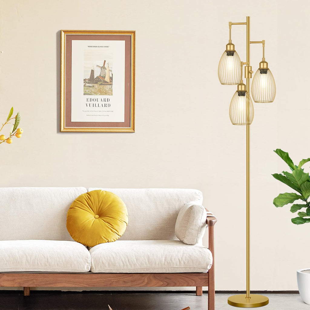 Dimmable Floor Lamp, 3 x 800LM LED Edison Bulbs Included, Farmhouse Industrial Floor Lamp Standing Tree Lamp with Elegant Teardrop Cage Head Tall Lamp for Living Room Bedroom Office Dining Room - Gold