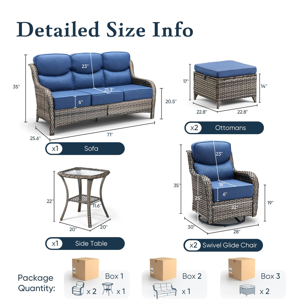 Luxury 6" Thick Cushioned 6 Pieces Patio Furniture Set with Outdoor Couch, Wicker Outdoor Conversation Set with High Back Swivel Rocker Chairs for Deck Porch Yard and Poolside - Grey+Blue