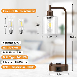 Industrial Table Lamps for Bedrooms Set of 2 - Fully Dimmable Bedside Lamps with USB Ports and Outlet, Brown Nightstand Lamps with Glass Shade for Living Room, Desk Lamps for Office Reading
